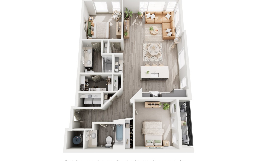 D4 - 2 bedroom floorplan layout with 2 bathrooms and 1217 square feet