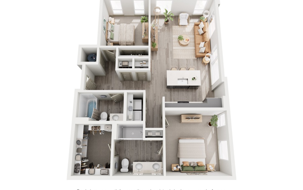 D7 - 2 bedroom floorplan layout with 2 bathrooms and 1099 square feet